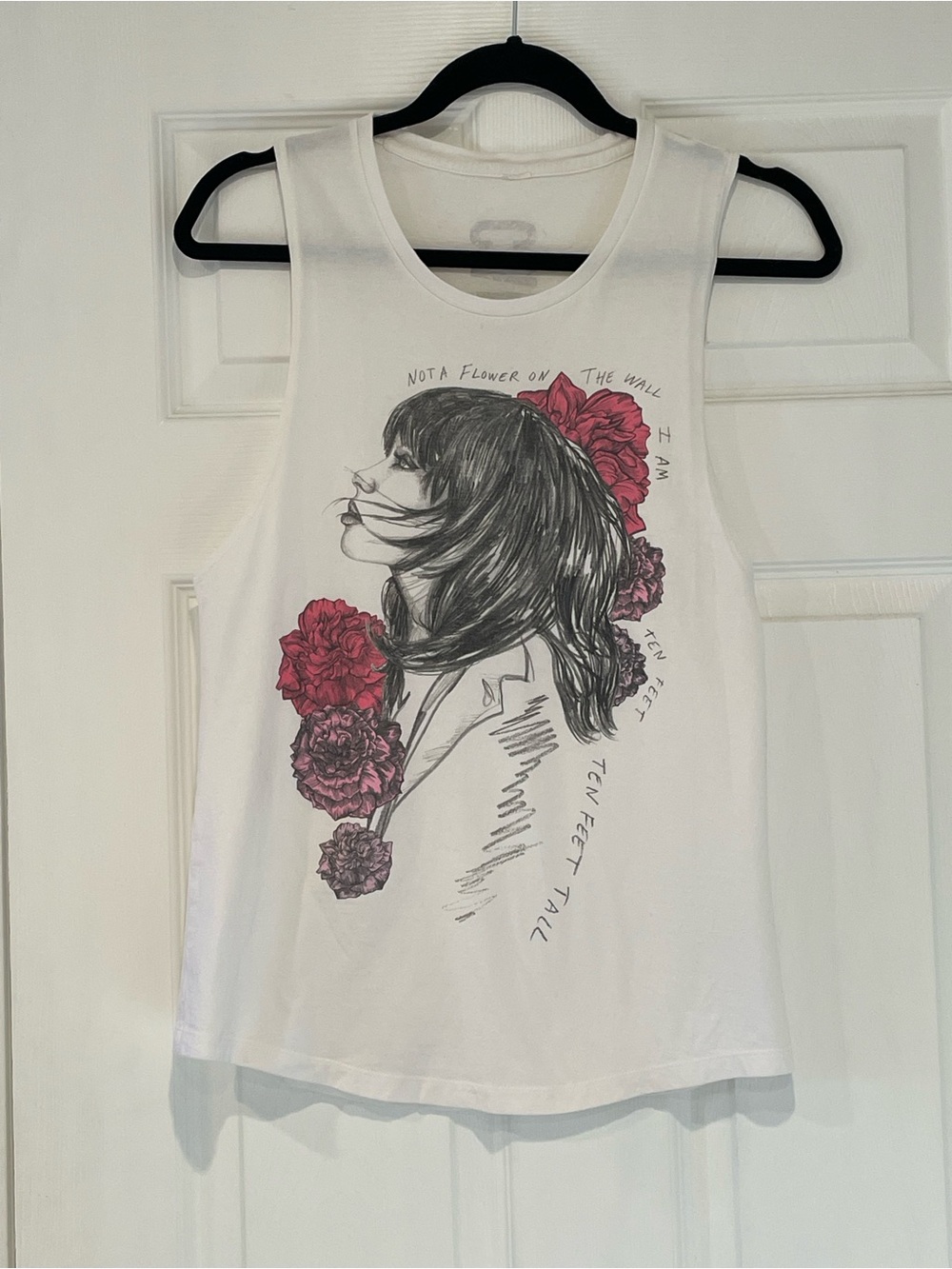 Carly Rae Jepsen White Graphic Floral Profile Tank Top with Pink Roses